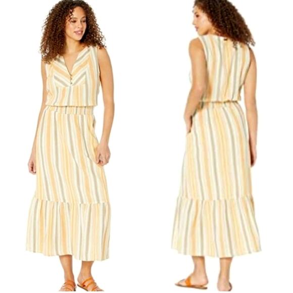 PRANA California Dreaming Maxi Dress In Golden Hour Stripe Pockets Cotton Sz XS - Picture 1 of 12
